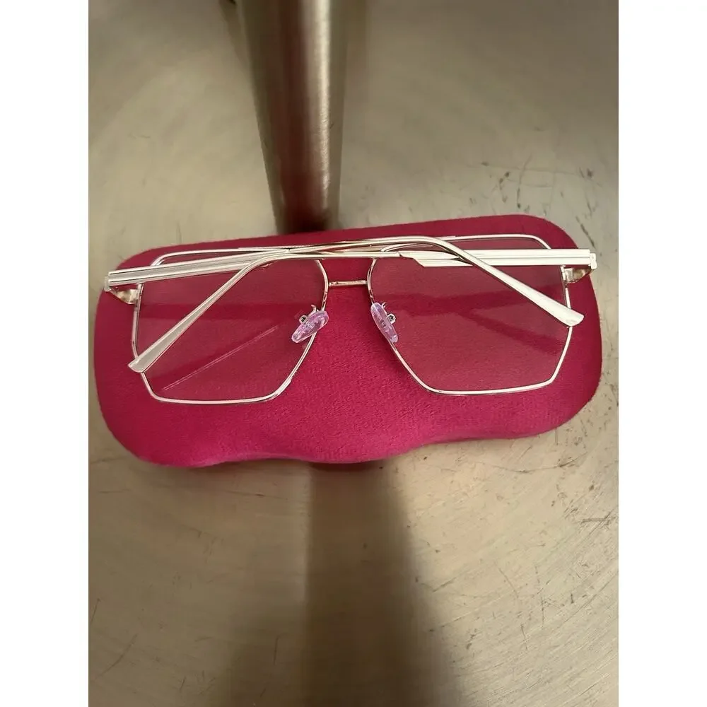 Gold Oversized Metal Frame Glases And Velvet Case Decorative Prescription